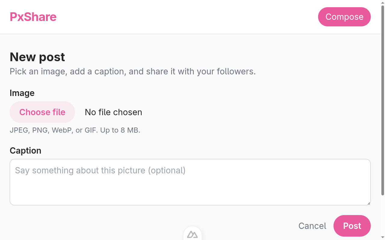PxShare compose page. An Image file picker, an empty
Caption textarea, and a pink Post button on the
right.