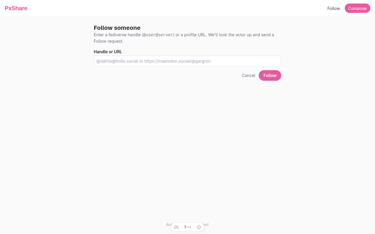 The Follow page with an empty input box, placeholder “dahliahollo.social or https://mastodon.social/@gargron”, and a Follow button on the right.