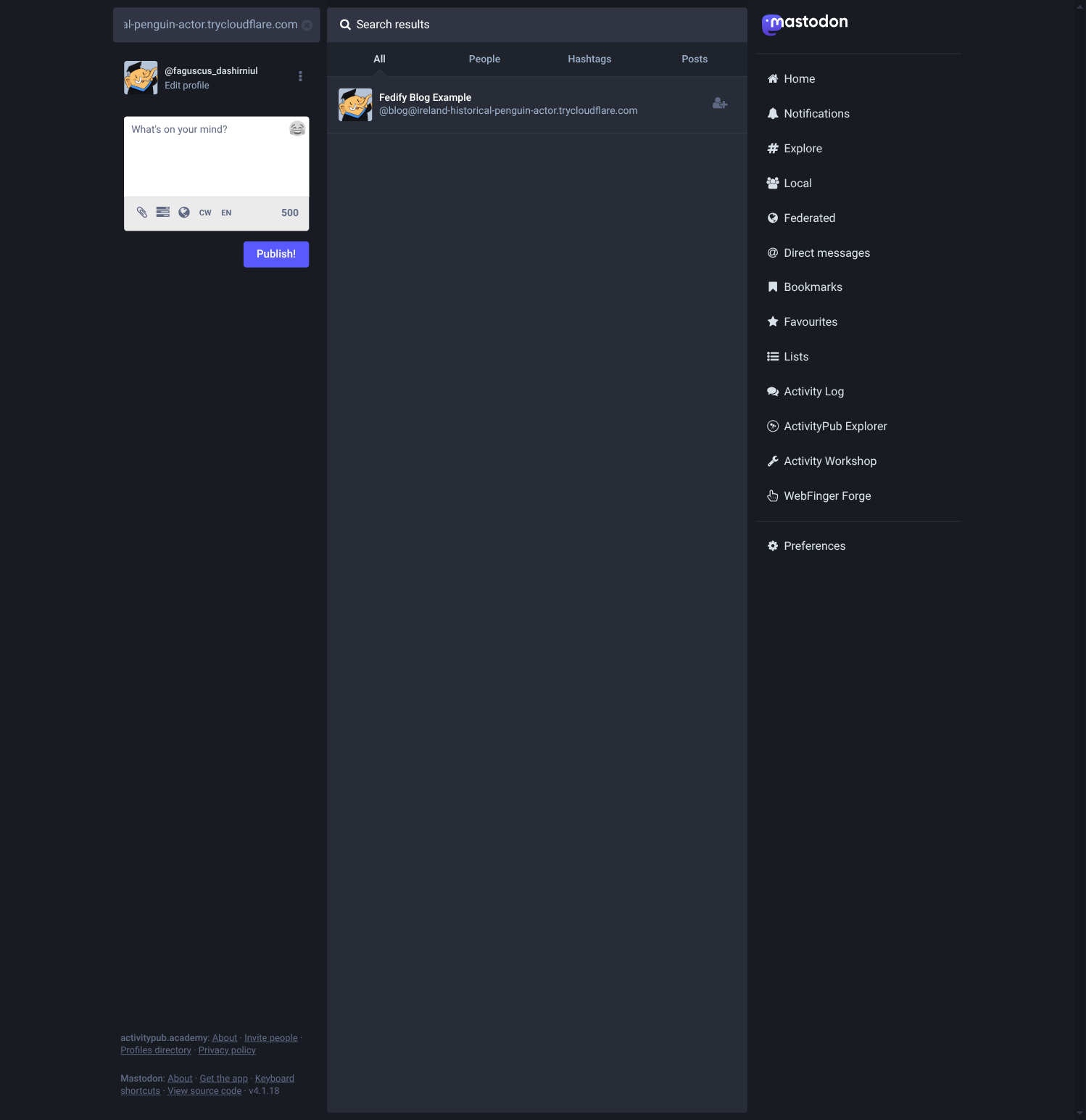 ActivityPub.Academy search box showing the blog handle, with matching profile result