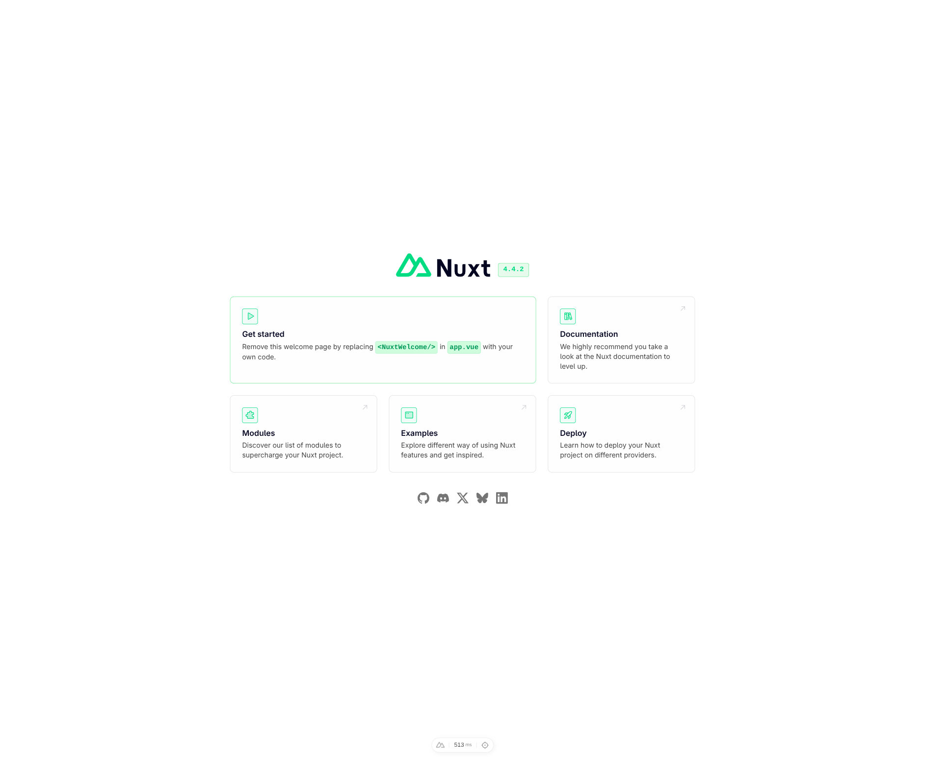 Nuxt's welcome page at http://localhost:3000/ after running
for the first time.