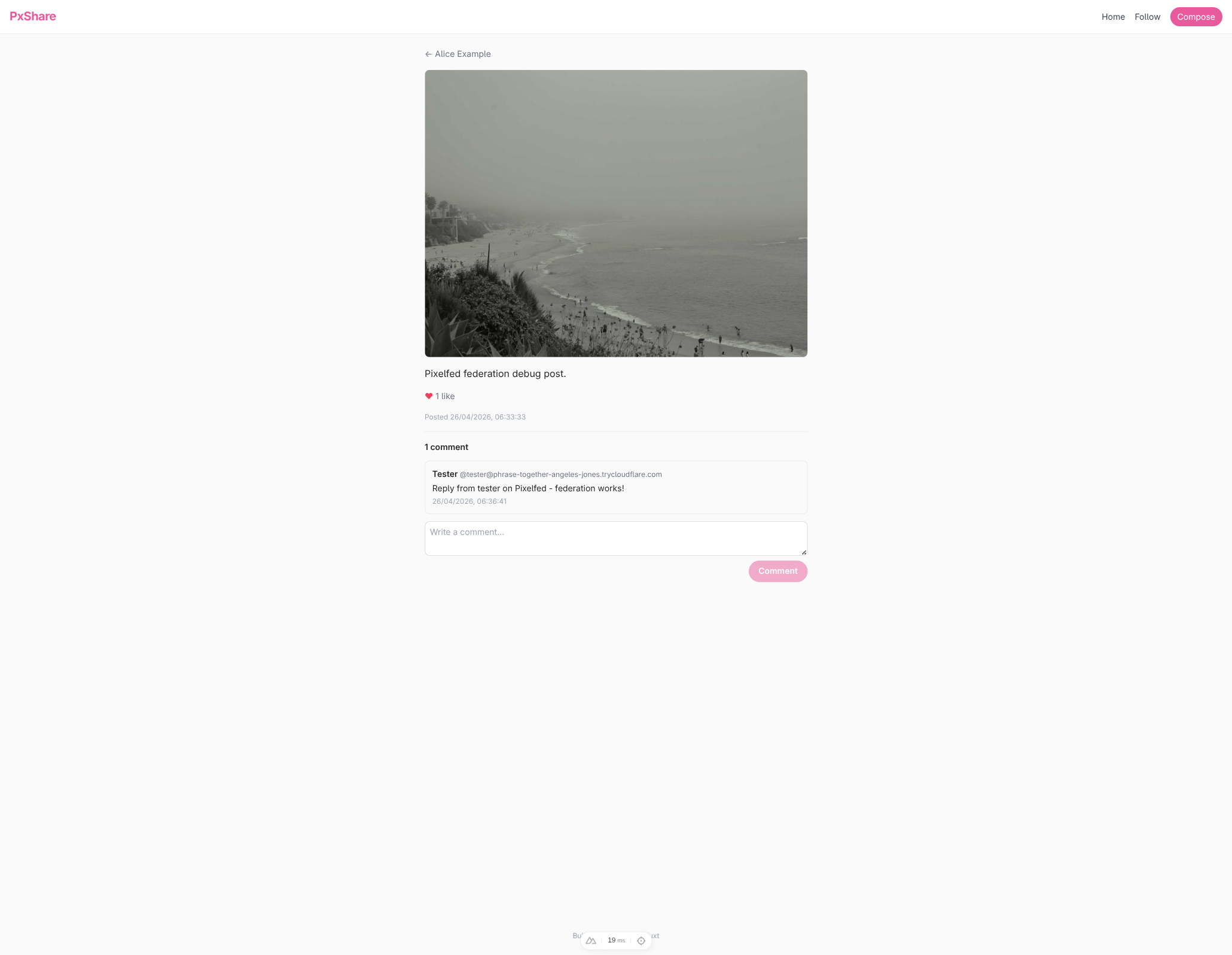 alice's post detail page showing one comment whose author is
testeryour-pixelfed.example with the body “Reply
from tester on Pixelfed - federation works!” rendered above the
comment textarea.