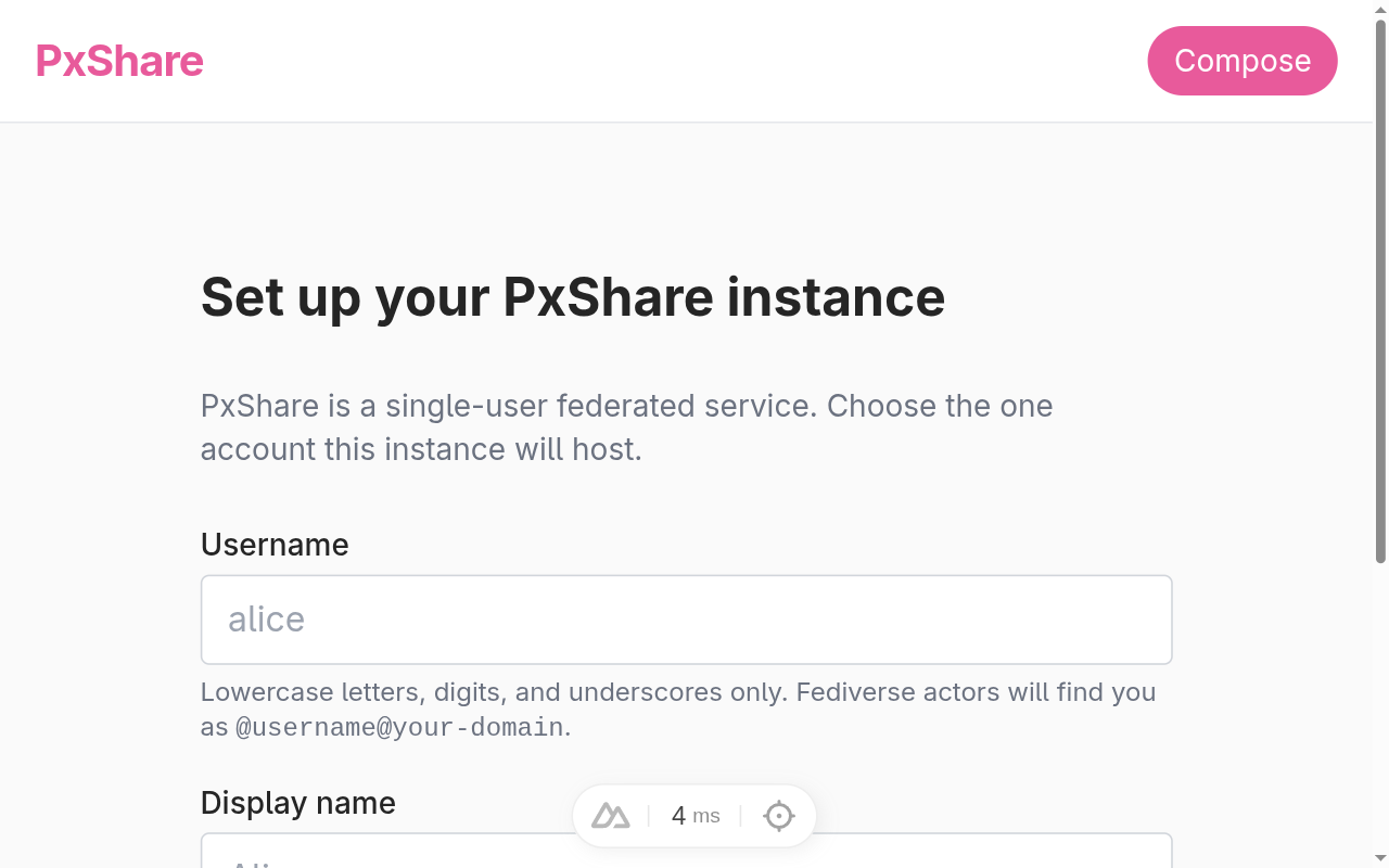 The setup form on a brand new instance, reached by visiting which
the middleware rewrote to .
